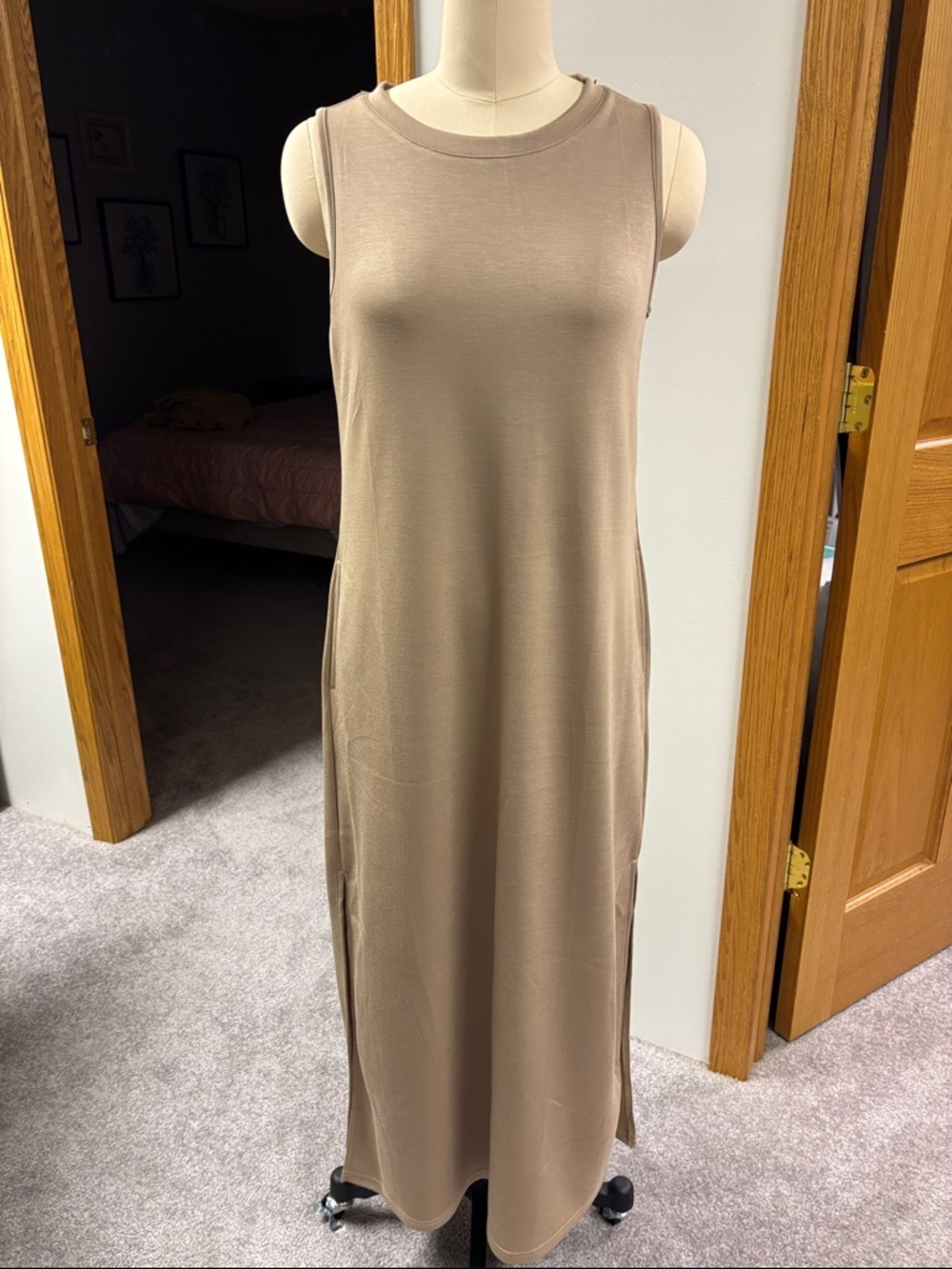 Sleeveless Taupe Maxi Dress with Side Slits